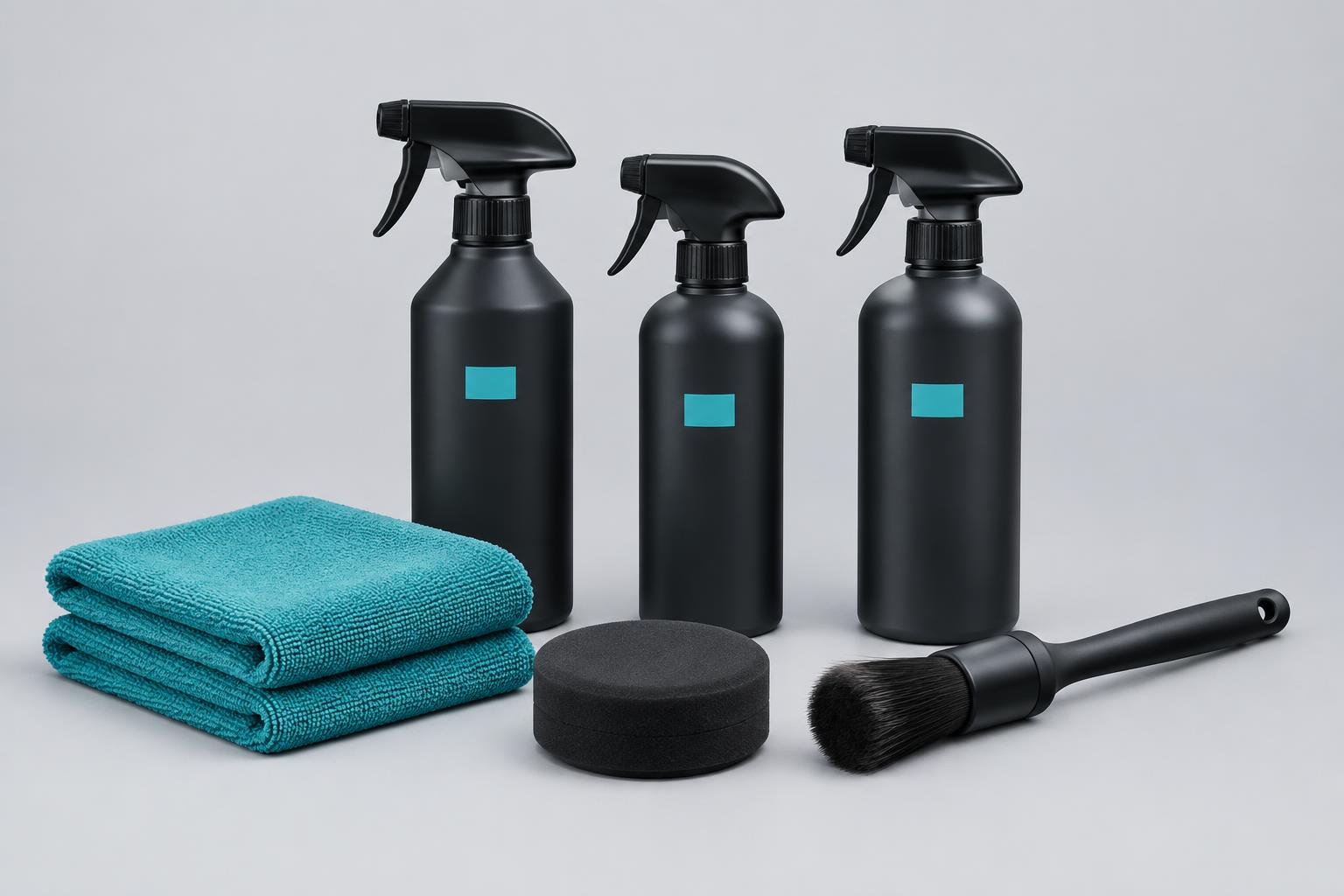 Car cleaning sprays, microfiber cloths and detailing tools